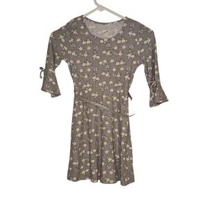 Star Ride Dress Girls Small 7/8 Gray Floral Stretchy Long‎ Sleeve Belt NWT
